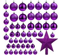 Belle Vous 50 Pack Christmas Baubles - Assorted Size Glittery Purple Baubles with Star Tree Top - Xmas Tree Ball Hanging Ornaments for Christmas Decorations Holiday Party Indoor/Outdoor Decorations