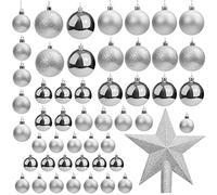 Belle Vous 50 Pack Christmas Baubles - Assorted Size Glittery Silver Baubles with Star Tree Top - Xmas Tree Ball Hanging Ornaments for Christmas Decorations Holiday Party Indoor/Outdoor Decorations