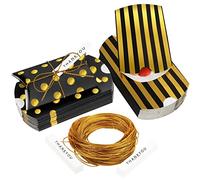 Belle Vous 50 Pack Gold & Black Paper Pillow Favour Boxes with Gift Tags & String - Vintage Kraft Style Polka Dot & Stripe Candy Treat Boxes for Wedding, Birthday Party, Christmas, Baby Shower