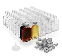 BELLE VOUS 50 Pack Mini 100ml/3.5oz Glass Flask Liquor Bottles with Silver Caps & Funnel - Empty Screw Top Miniature Favour Bottles for Weddings & Parties - Alcohol, Schnapps, Whisky, Shots & Spirits