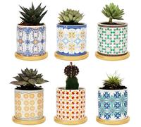 BELLE VOUS 6 Pack of Assorted Ceramic Plant Pots - 7.5cm/3 Inches Succulent Pots with Bamboo Trays & Drainage Holes - Flower Pots for Cactus/Indoor Succulents - Home/Office Decoration