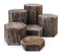 BELLE VOUS 6 Pack of Vintage Brown Wooden Hexagon Display Risers - Wood Showcase Stands for Shelves and Countertops - Step Plinths for Jewellery, Retail, Figures, Cupcakes and Desserts