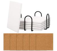 Belle Vous 6 Pack of White Square Ceramic Coasters with Cork Backing Pads & Holder - 10 x 10cm/4 x 4 Inches - Unglazed Blank Coaster Tiles for DIY Crafts, Painting, Acrylic Pouring & Alcohol Ink