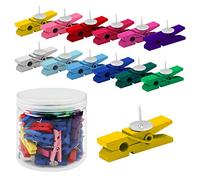 Belle Vous 70 Pack Wooden Multicolour Peg Clips with Push Pin Thumbtacks - Colourful Pushpin Craft Clothespin Tacks for Wall Cork Boards, Paper Notes, Photos, Projects, Decorative Crafts and Drawing