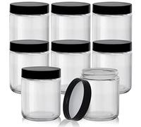 BELLE VOUS 8 Pack Clear Round Glass Storage Jars with Black Plastic Lids - 240ml/8oz Airtight Container Set for Kitchen & Home Decoration - Lotion, Food, Herb, Flour, Sugar, Coffee & Spice Canisters