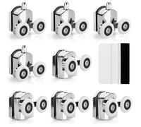 Belle Vous 8 Pack of Shower Door Wheel Rollers Runners - 23mm Diameter Zinc Alloy Wheels - Twin Rollers for Glass Sliding Shower Door - Bathroom Replacement Wheels with Fixings & Squeegee