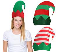 BELLE VOUS Assorted Christmas Elf Hats with Jingle Bells (3 Pack) - 28 x 27cm Felt Hats with Mixed Stripe Designs for Adults - Xmas Holiday Fancy Christmas Party Elf Costume Favour Accessory Gift