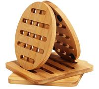 Belle Vous Bamboo Heat Resistant Hot Pads Trivet Set (4 Pack) - 15 x 15cm/6 x 6 Inches - Non Slip Square and Round Kitchen Pot Holders - Natural Wood Coasters For Hot Teapot, Bowls and Dishes