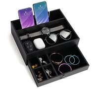 BELLE VOUS Black 7 Compartment Valet Dresser/Nightstand Organiser Tray with Drawer - Desk Storage Box For Wallet, Phone, Keys, Jewellery, Men's Accessories, Money, Cufflinks- Catchall Box for Bedside