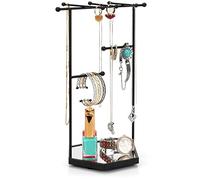 BELLE VOUS Black Hexagon Necklace Jewellery Organiser Stand - 3 Tier Metal Display Tree with Mirror Base - Storage Holder Tower for Necklaces, Bracelets, Earrings, Rings, Cosmetics & Accessories