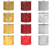 Belle Vous Christmas Ribbon (12 Pack) - 2.74m x 63mm Wide Wired Gold Silver Red Organza Ribbon in Assorted Designs - Decorative Tree Ribbons for XMAS Tree Decoration Bows Gift Wrap