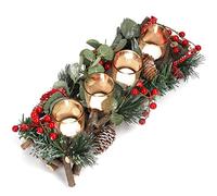 Belle Vous Christmas Tealight Candle Holder - 13 x 37cm / 5.12 x 14.57 Inches - 4 Glass Votive Candle Holders - Decorative Berry & Pine Cone Table Centrepiece for Home, Wedding or Xmas Decor