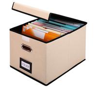 BELLE VOUS File Organiser Storage Box with Lid and Label Slide - Collapsible Fabric Filing Storage Bin - Decorative Document Box For Letters/Legal Folder - Office/Home Organiser
