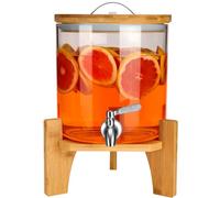Belle Vous Glass Drink Dispenser with Stainless Steel Tap & Bamboo Stand - 5L/1.3 Gallons Cold Beverage Dispenser for Water, Juice, Lemonade & Parties