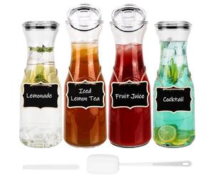 Belle Vous Glass Water Carafe Set with Lids (4 Pack) - 1.1L Pitcher Jugs for Juice, Iced Tea, Milk & Hot/Cold Beverages - Jug for Mimosa Bar/Brunch