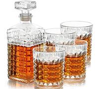 Belle Vous Glass Whisky Decanter Set (5 Pieces) - 500ml / 17.5oz Liquor Carafe with 4 260ml / 9oz Engraved Glasses - Decanter Set Ideal for Whisky, Wine, Brandy, Bourbon, and Other Liquor