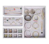 BELLE VOUS Grey Jewellery Organiser Tray Set (4 Pack) - Velvet Stackable Jewellery Draw Organiser Trays - Jewellery Box Inserts/Necklace Organisers - Necklaces, Rings, Bracelets & Earrings Storage