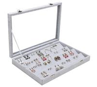 BELLE VOUS Grey Velvet Earring Display Tray Case Box with 40 Slots and Lid - 4 Tier Earring Jewellery Showcase Organiser Holder with Clear Transparent Glass Window For Stud Earrings