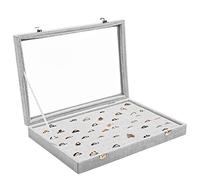 BELLE VOUS Grey Velvet Ring Jewellery Storage Display Box Tray with 100 Slots and Lid - Showcase Organiser Case Holder with Clear Transparent Glass Lid for Rings, Earrings and Cufflinks