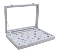 BELLE VOUS Grey Velvet Ring Jewellery Storage Display Box Tray with 7 Slots and Lid - Showcase Organiser Case Holder with Clear Transparent Glass Lid for Rings, Earrings and Cufflinks