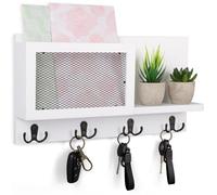 BELLE VOUS Key Holder for Wall White, Key Hanger with Wall-Mounted Mail Sorter and 8 Key Hooks - Wooden Rustic Wall Rack Letter Organiser Shelf for Home, Entryway, Hallway, Living Room, Mudroom