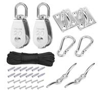 Belle Vous M20 Stainless Steel Crane Pulley Block - Lifting Crane Swivel Hook Single Hanging Wire Towing Wheel with Nylon Line Rope, Carabiner Clip & Eye Pad Plate - 150kg/330lbs Loading Capacity