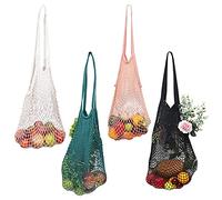 BELLE VOUS Mesh Shopping Bags (4 Pack) - Cotton String Net Grocery Turtle Tote Bag with Handle - Portable, Reusable & Washable Handbag - Fruit, Vegetable, Produce & Beach Toy Storage