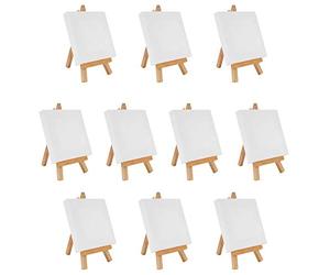 Belle Vous Mini Art Canvas with Wooden Easel (10 Pack) - L10 x W10cm (3.93 x 3.93 inches) - Pre-Stretched and Primed Blank Canvas - Table Top Easels for Oil and Acrylic Painting & Drawing for Kids