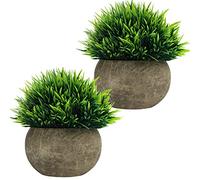 BELLE VOUS Mini Artificial Potted Plants (2 Pack) - Fake Green Grass Topiary Shrubs with Grey Pot - Small Faux Plastic Indoor & Outdoor Home Decor, Office & Bathroom Greenery Decoration
