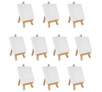 Belle Vous Mini Easel with Art Canvas (10 Pack) - L10 x W10cm (3.93 x 3.93 inches) - Pre-Stretched and Primed Blank Canvas - Table Top Wooden Easel for Oil and Acrylic Painting & Drawing for Kids