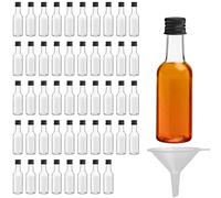 Belle Vous Mini Plastic Liquor Bottles - 50ml Reusable Pack of 48 with Black Lid and Funnel for Weddings, Parties, Art, Events