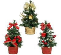 Belle Vous Mini Tabletop Artificial Christmas Trees with LED lights (3 Pack) - 20cm / 7.87 inches- Decorated with Berries, Pine Cones & Bows for Home, Table and Living Room