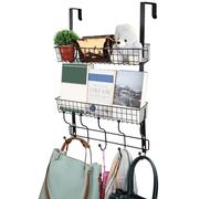 BELLE VOUS Over The Door Hook Organiser Hanger - Heavy-Duty Black Iron Shelf with 5 Hooks & 2 Mesh Baskets - Hanging Bathroom/Bedroom/Kitchen Storage Rack for Towels, Clothes & More