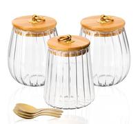 BELLE VOUS Pack of 3 Glass Jars with Airtight Lid and Spoon - 2x650ml & 1x700ml Kitchen Storage Containers with Bamboo Lid for Tea, Coffee, Sugar, Cookie, Pasta, Salad & Spaghetti Spice