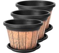 BELLE VOUS Pack of 3 Plant Pots 9 Inch/23cm - Resin Whiskey Barrel Planters with Drainage Holes & Trays - Plastic Decoration Flower Pots Wooden Barrel Design for Indoor Outdoor Garden