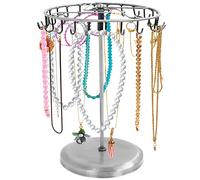 BELLE VOUS Silver Metal Rotating Jewellery Holder Display Stand (23 Hooks) - H34.8 x W20.5cm / 13.70 x 8.07 Inches - Hanging Organiser Tower Rack - Storage for Necklaces & Bracelets, Rings & Earrings