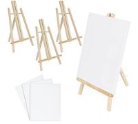 Belle Vous Small Wooden Tabletop Easel with Canvas Set (4 Pack) - W21.5 x H37cm / 8.46 x 14.57 inches - Mini Easel Tripod/A-Frame Display Stand for Canvas Acrylic/Oil Painting, Arts and Crafts