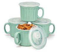 BELLE VOUS Soup Bowls with Handles & Lids (4 Pack) - Stoneware Microwave Bowls with Lids - Dishwasher-Safe Turquoise Soup Cups/Soup Mugs with Handles