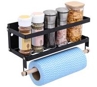 BELLE VOUS Spice Rack with Paper Towel Holder - Wall Mounted Storage Rack Holds 8kg/17.5lbs - Iron Storage Shelf for Kitchen, Bathroom & Workbench - 2 Removable Hooks