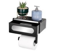 Belle Vous Toilet Paper Holder with Drawer - Self Adhesive Toilet Roll Holder - Wall Mounted Toilet Roll Storage - Black Bathroom Toiler Roll Holder with Shelf