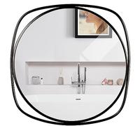 BELLE VOUS Wall Hanging Modern Round Mirror - 48cm/18.9 Inches - Square Metal Frame - Black Decorative Wall-Mounted Vanity Mirror for Home Bathroom, Living Room & Hallway - Vertical