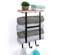 Belle Vous Wall-Mounted Towel Rack with Shelf and 3 Hooks - W13.7 x H21 Inches - Wooden Storage Shelf with Black Metal Bars for Towels - Folded/Rolled Towel Organizer Holder for Bathroom
