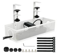 Belle Vous White Under Desk Cable Management Tray - Wire and Cord Metal Organiser Basket with Clamp for Home & Office - No Drill & No Damage to Table