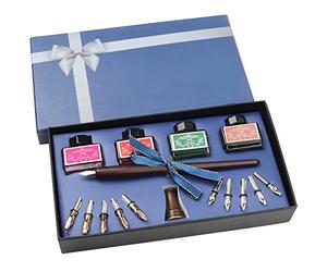 BELLE VOUS Wooden Calligraphy Pen Set with Holder, Ink Bottles and Nibs (16 Pieces) - Ink Dip Writing Fountain Pen - Ideal for Beginners and Adults