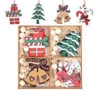 Belle Vous Wooden Christmas Tree Hanging Decoration Set (24 Pack) - White, Red and Green Xmas-Themed Wood Ornaments - Trees, Gifts, Bells and Canes