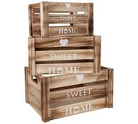 BELLE VOUS Wooden Storage Crates with Handles (Set of 3) - Rustic Small, Medium & Large Size Decorative Wood Crate - Heart, Sweet Home Basket Display Box