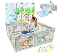 BELLEBEBE - Baby Playpen 120 x 120 cm - Baby Playpen with Mat, 50 Colourful Balls, Play Basket & Fabric Book Animals - 6 Handles, Carry Bag - Safe & Tool-free Assembly - Jungle Design (Grey)