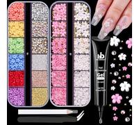 BELLEBOOST - 3D Flower Manicure Gems for Nails with Rhinestones, Acrylic Nail Color, Caviar Beads, Rhinestones and Nail Glue Gems (UV/LED