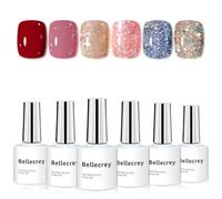 BELLECREY Glitter Gel Nail Polish Set 6 Pcs Red Pink Sparkle Silver Gel Nail Polish Kit Soak Off Blue UV Gel Nails Manicure Copper Nail Art Salon at Home Gifts for Women