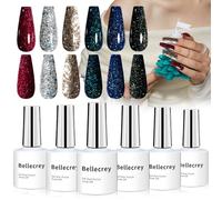 BELLECREY Glitter Gel Nail Polish Set 6 Pcs Super Sparkly Diamond Silver Nail Polish Gel Red Navy Blue Green Glitter Nail Polish Kit Soak Off UV Gel Nails Art DIY Manicure Salon and Home for Beauty